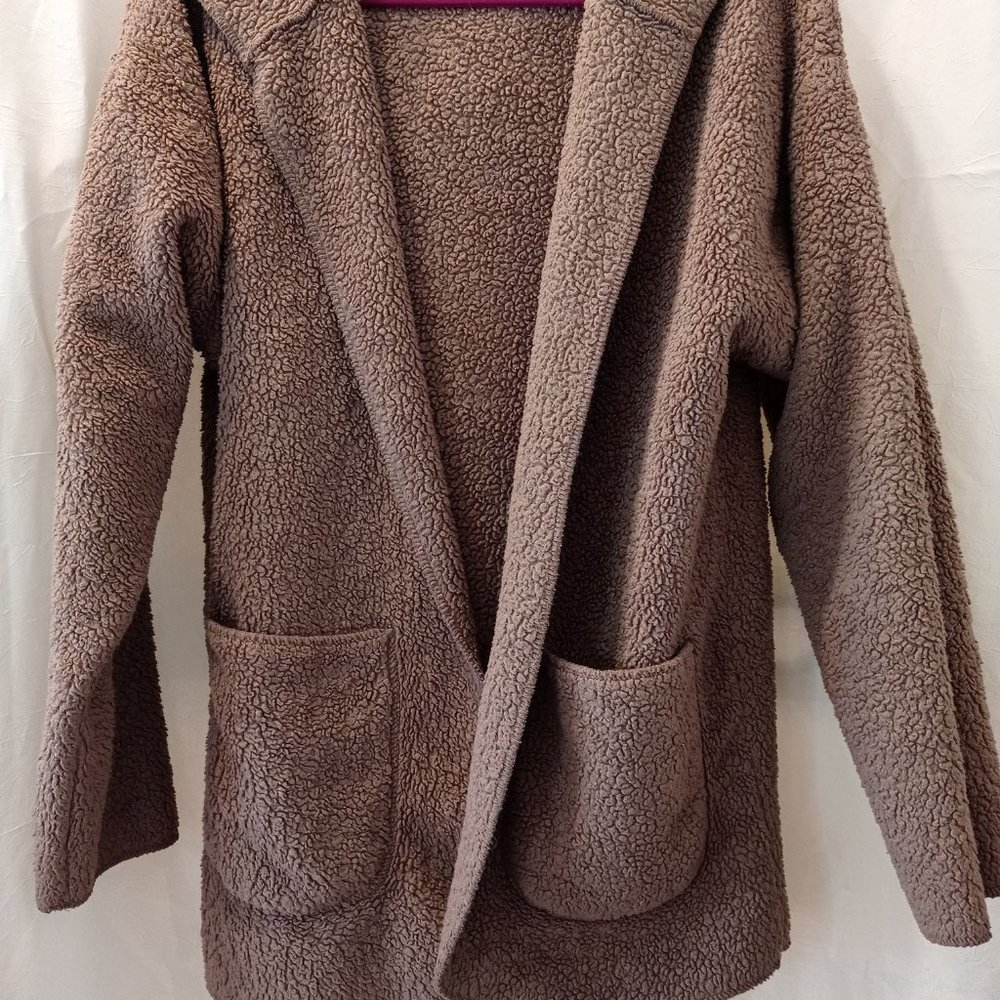 SANS SOUCI Open Front Hooded Sweater Cardigan in Dark Taupe Bouclé